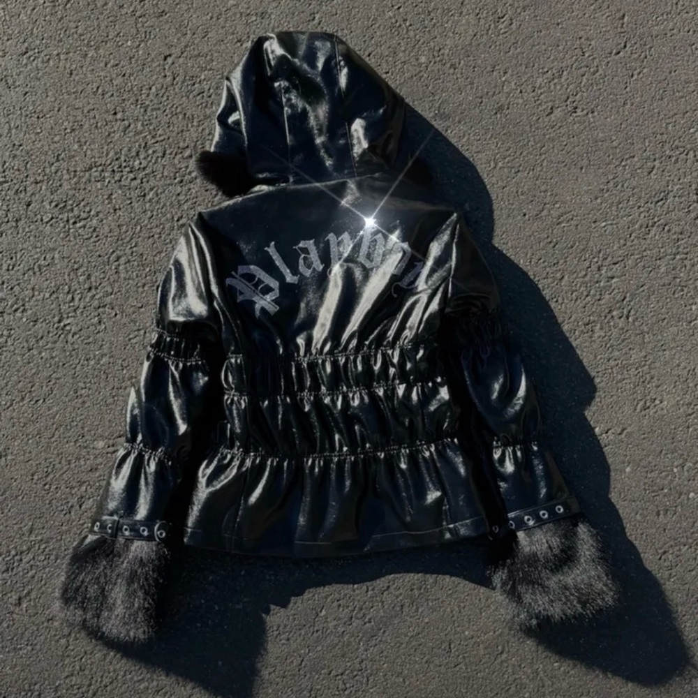 PLAYBOY Women's Shiny Black Leather Jacket with Faux Fur